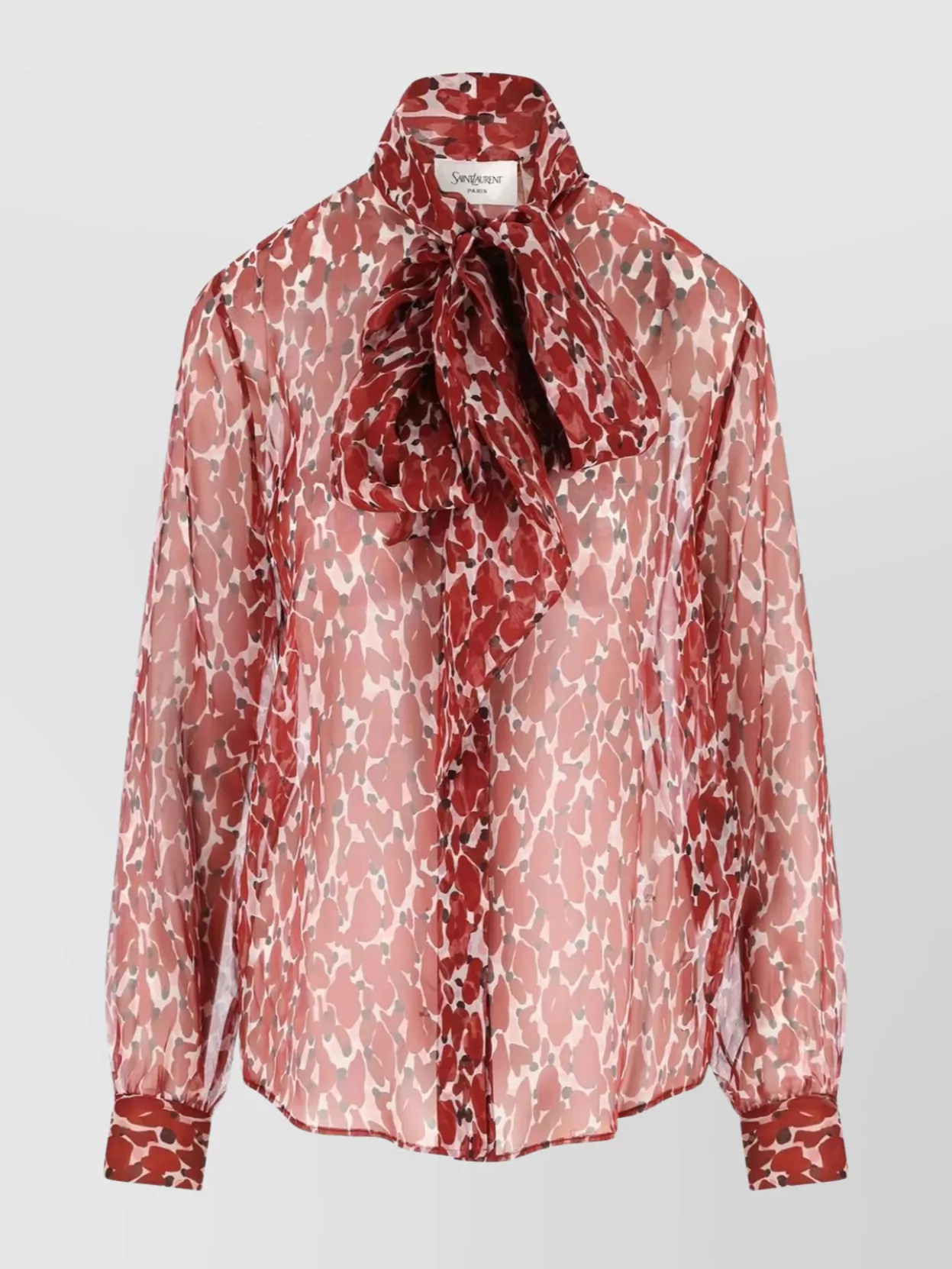 Saint Laurent Long Sleeve Sheer Blouse With Bow Detail In Brown