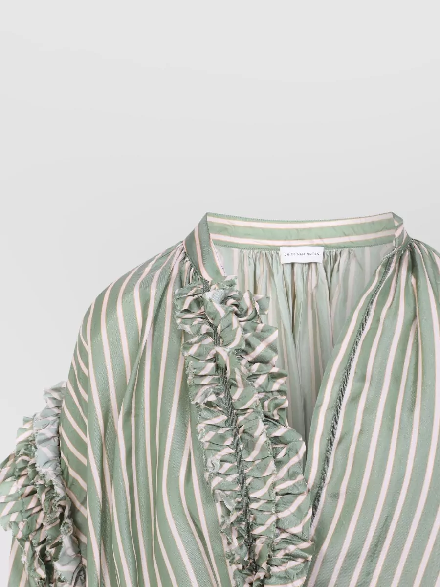 Dries Van Noten Striped Ruffled Wrap V-Neck Long-Sleeve Blouse