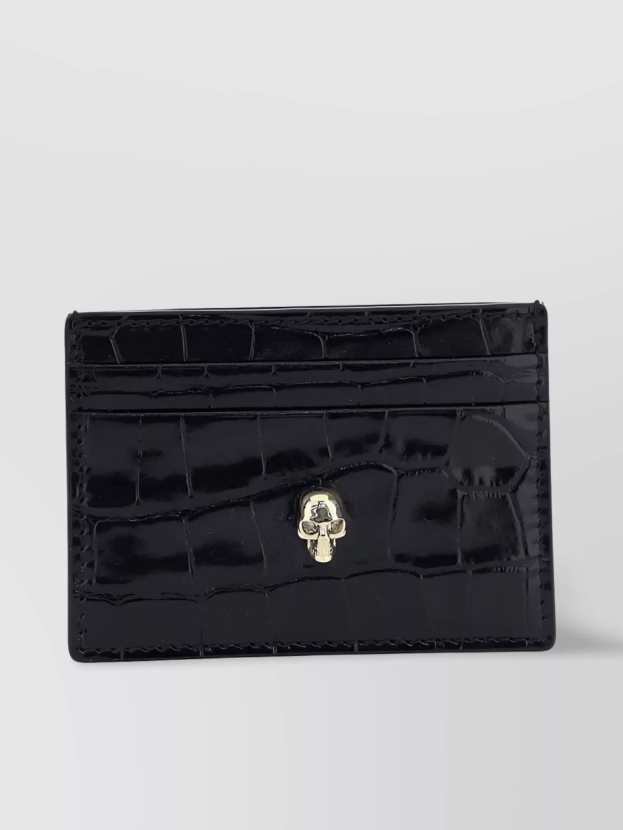 Alexander Mcqueen Skull Crocodile Leather Cardholder In Black