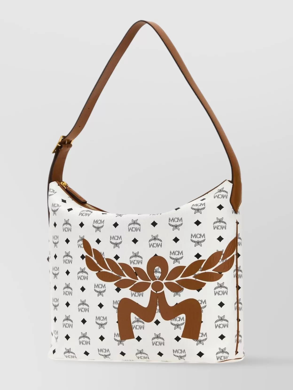 Shop Mcm Canvas Shoulder Bag With Adjustable Leather Strap In Brown