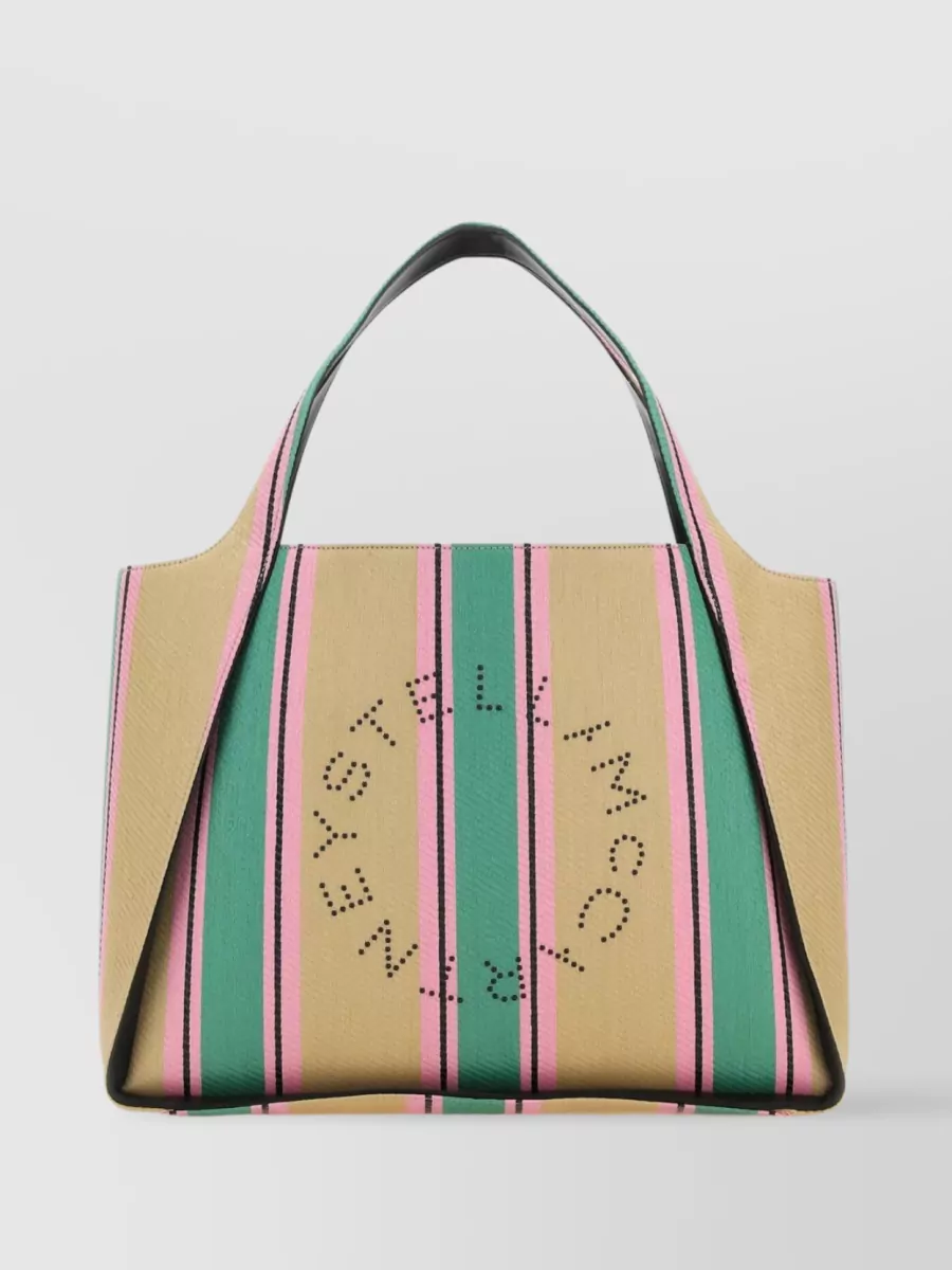 Shop Stella Mccartney Raffia Logo Shopping Bag With Embroidered Stripes In Multicoloured