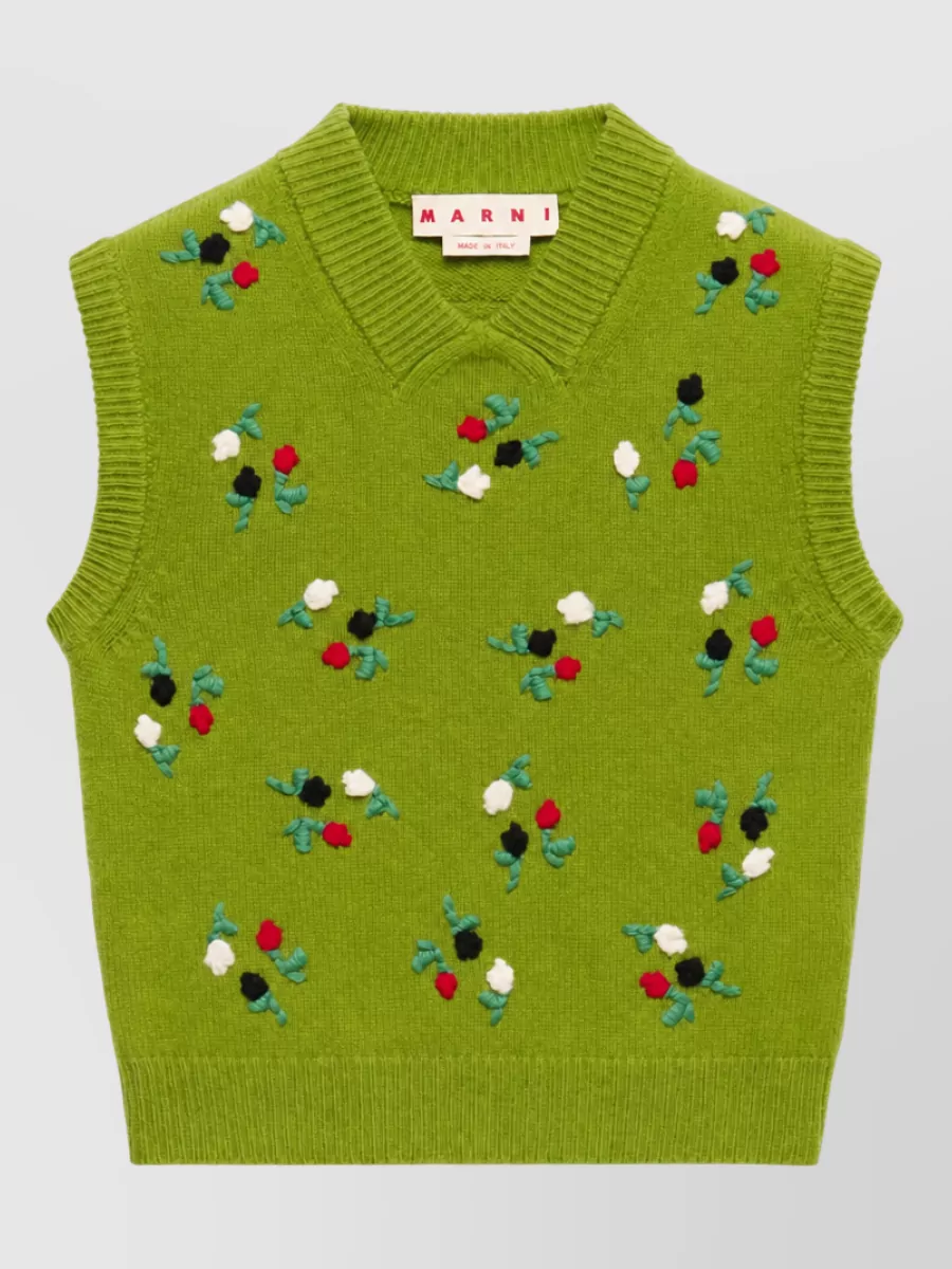 Marni Cashmere floral-embroidered ribbed v-neck sleeveless knitted top