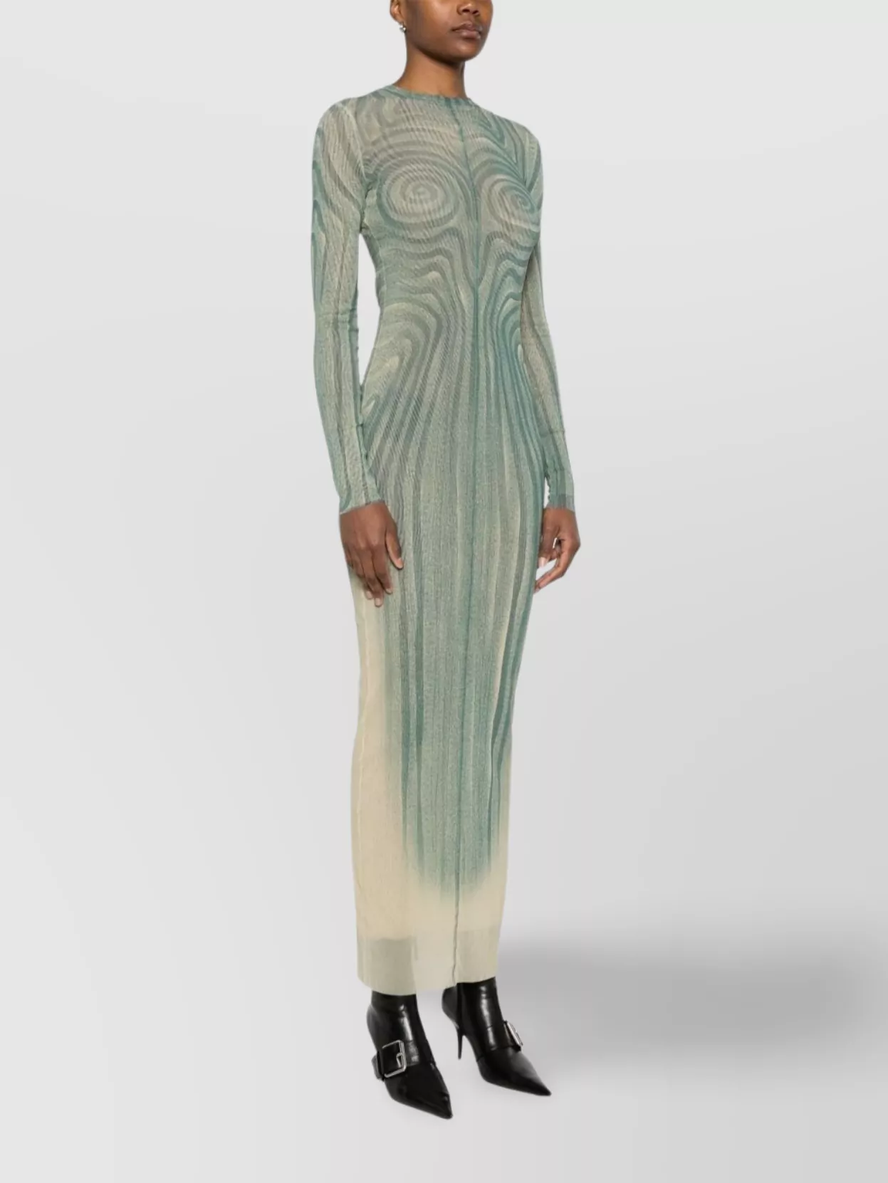 Shop Jean Paul Gaultier Mesh Long Dress With Spiral Print And Ruffles In White