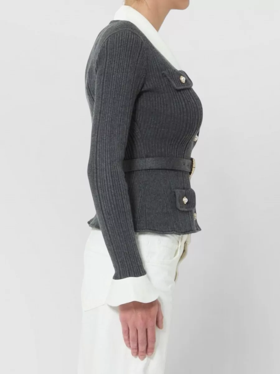 Self-Portrait Ribbed Knit Belted Cardigan