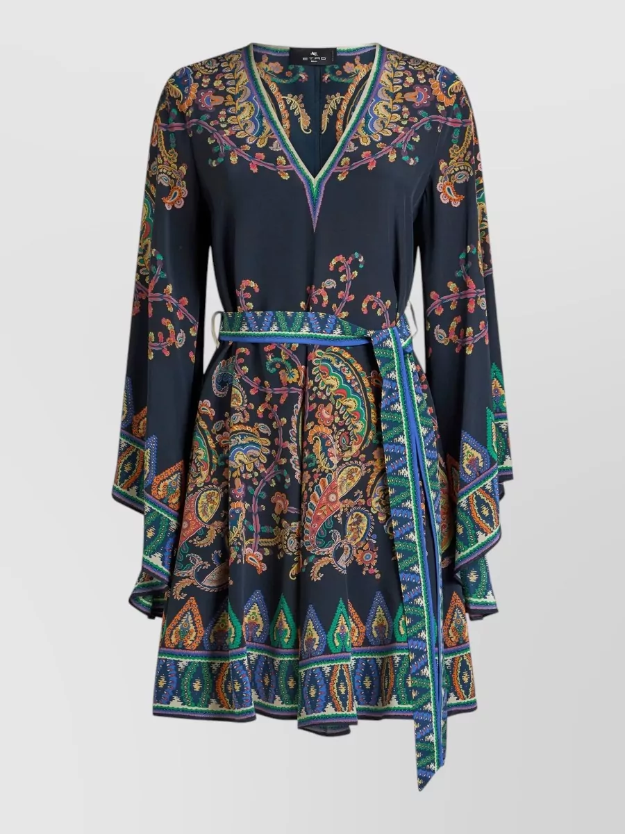 Etro Silk Paisley Print V-Neck Long-Sleeve Belted Mini Dress