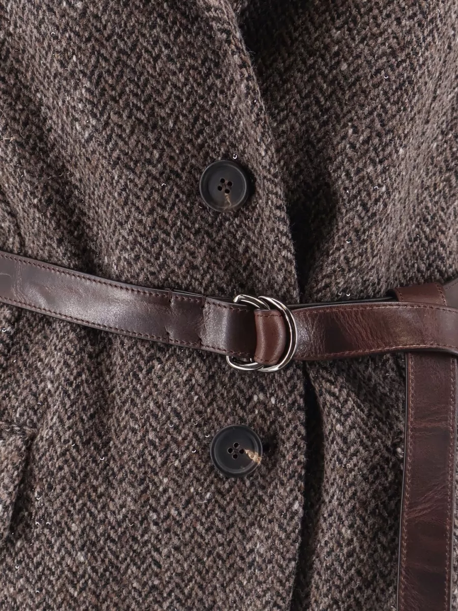 Brunello Cucinelli Virgin Wool Herringbone Belted Sleeveless Single Breasted Coat