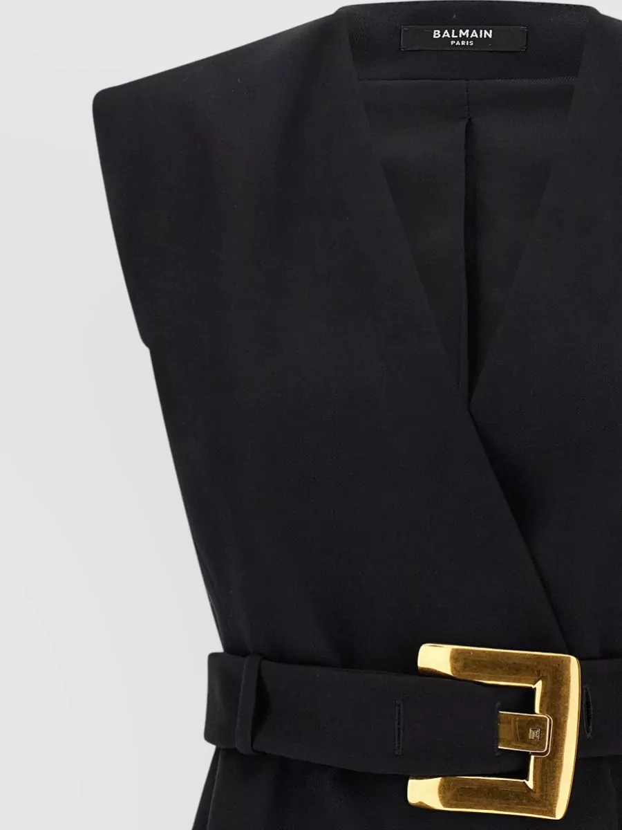 Balmain Sleeveless Wrap Dress Belted Waist Neckline
