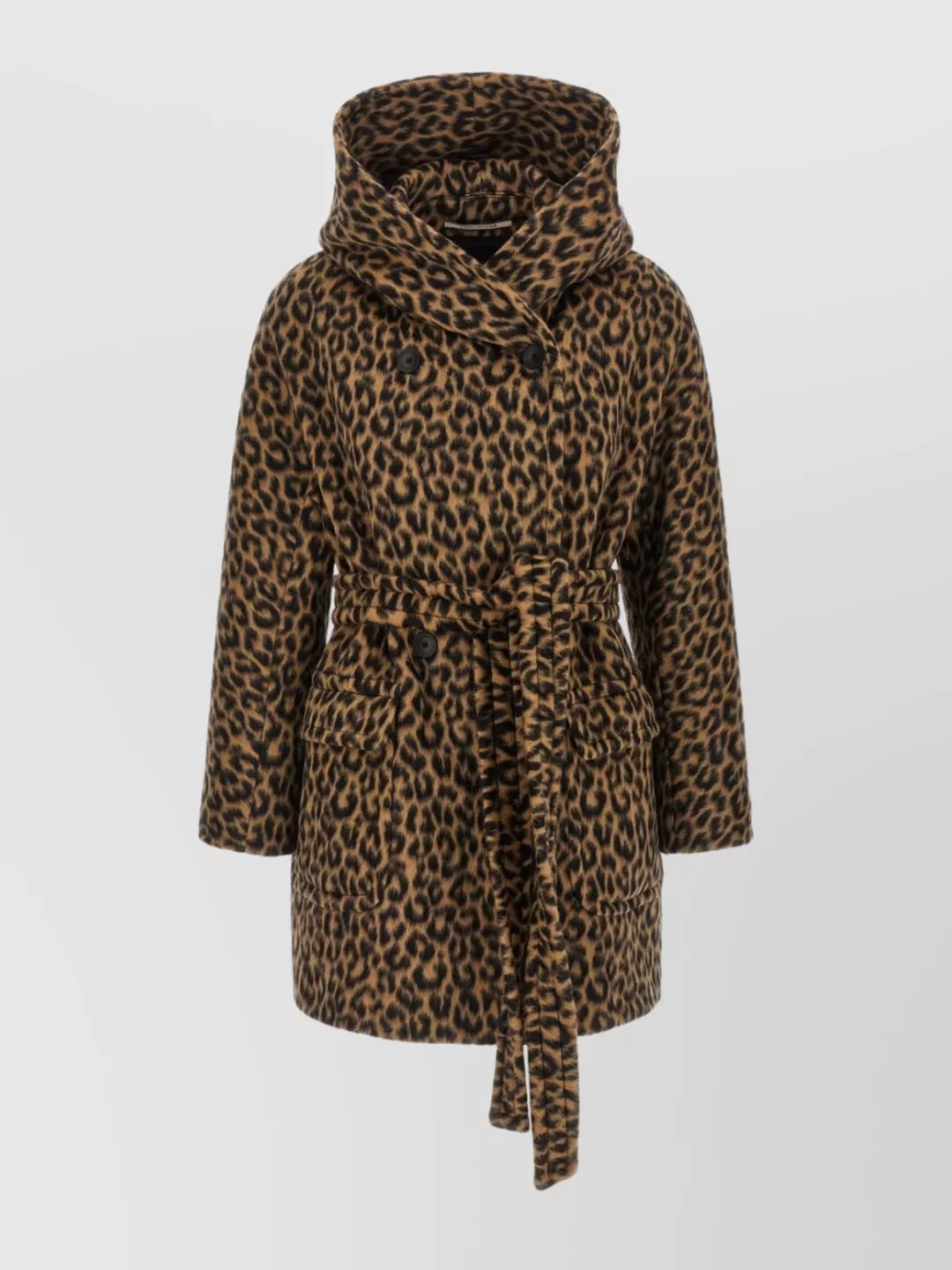 Tagliatore Animal Print Hooded Coat Belted