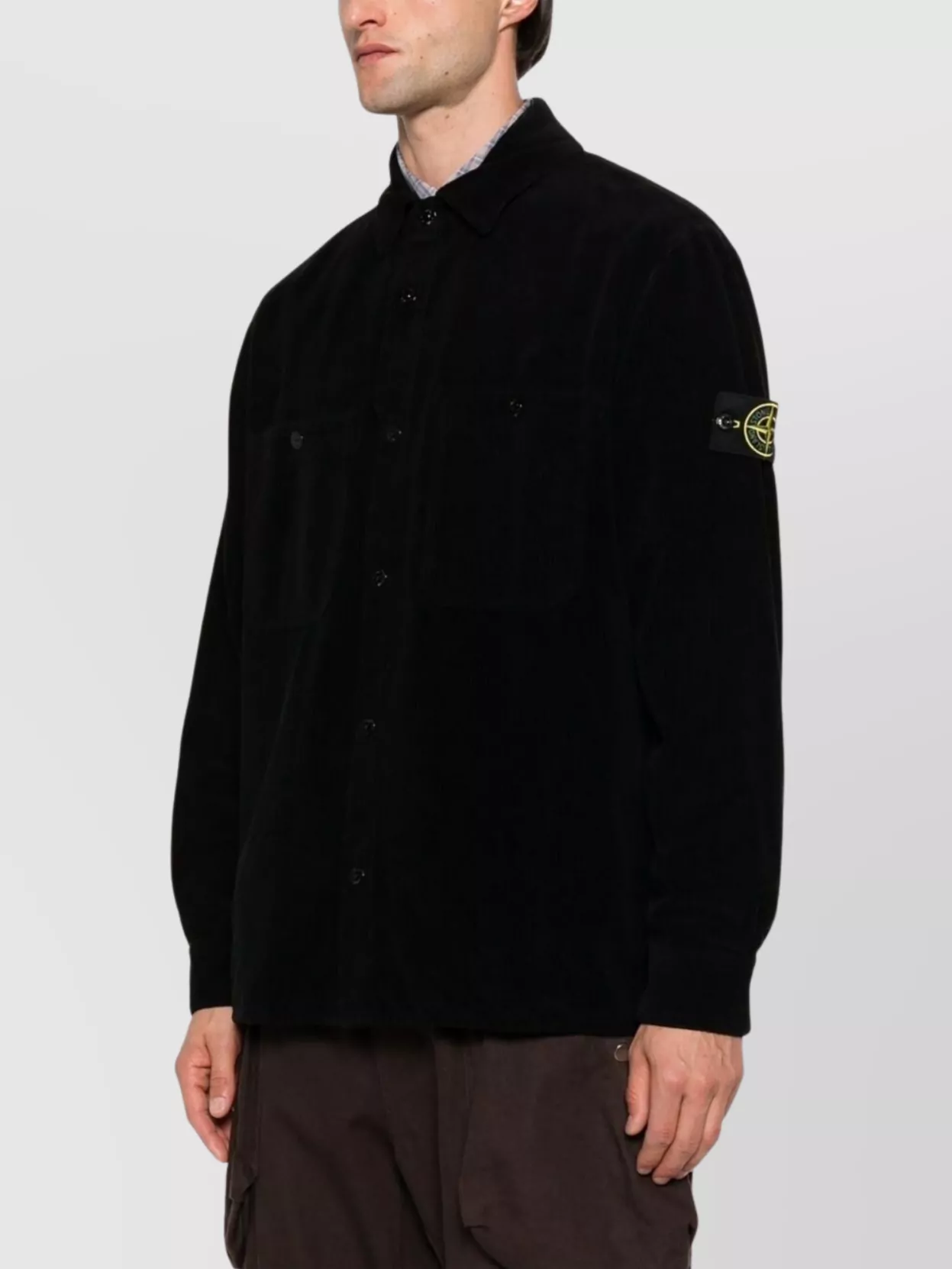 Stone Island Overshirt With Ribbed Texture And Pockets In Black