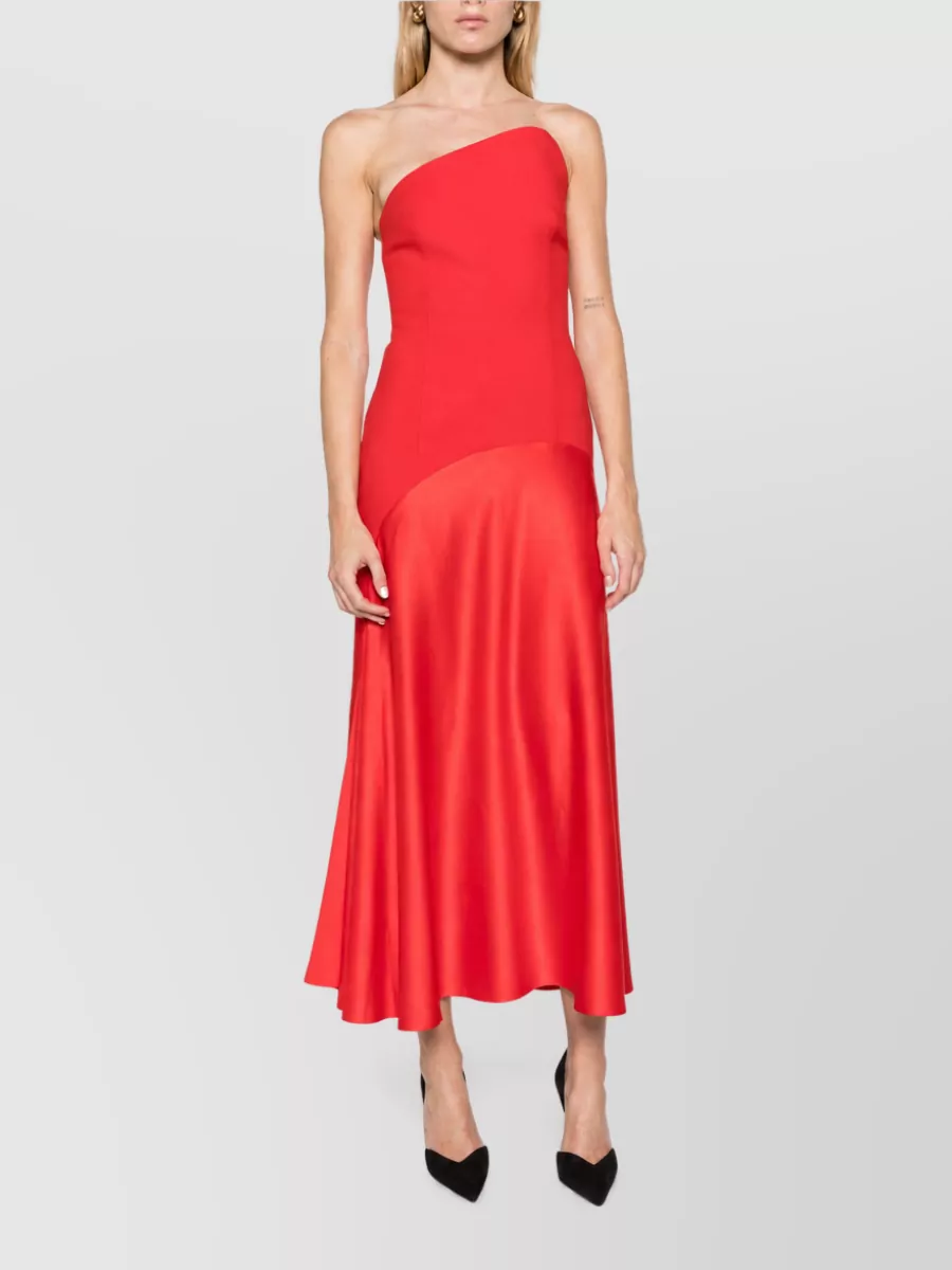 Solace London Asymmetric Strapless Panelled Flared Midi Dress