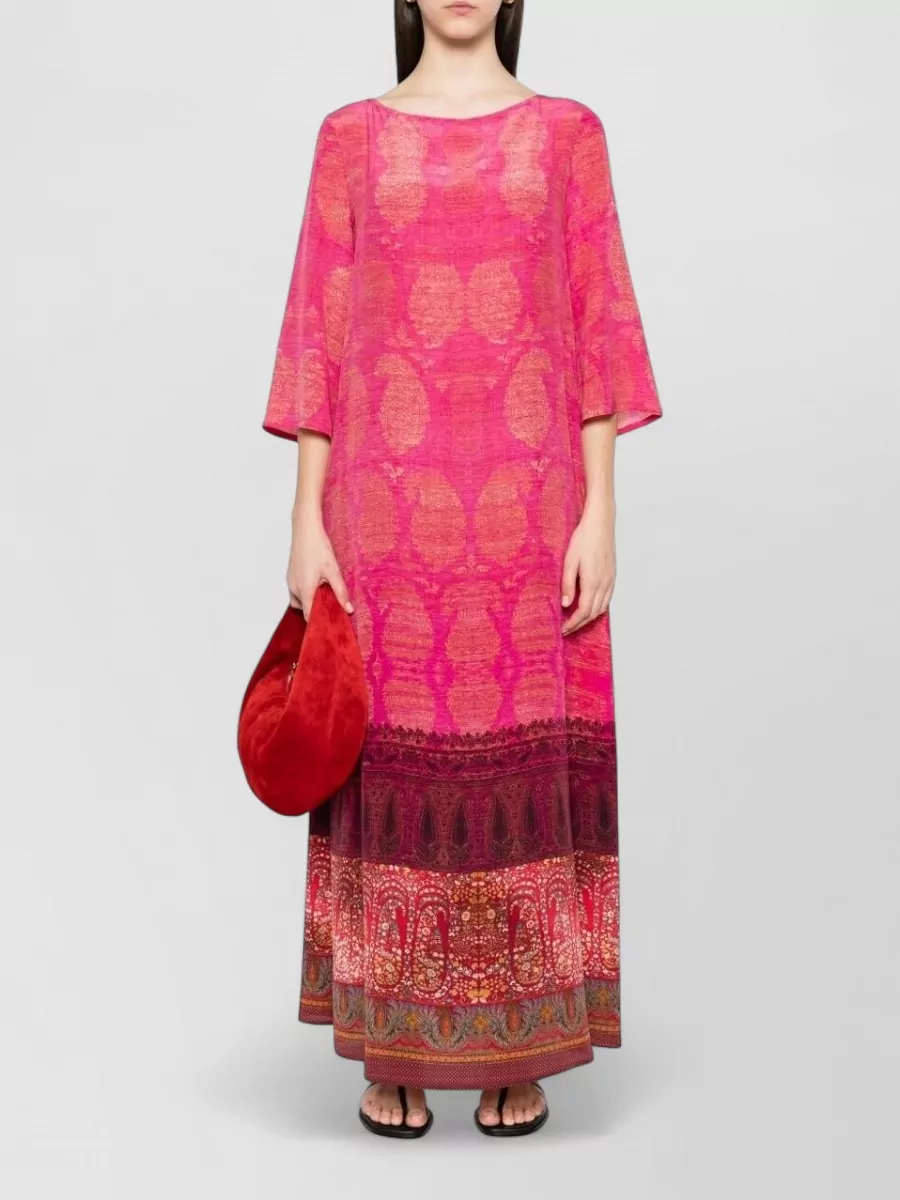 Pierre Louise Mascia Silk Printed Boat Neck Three Quarter Sleeve Maxi Dress