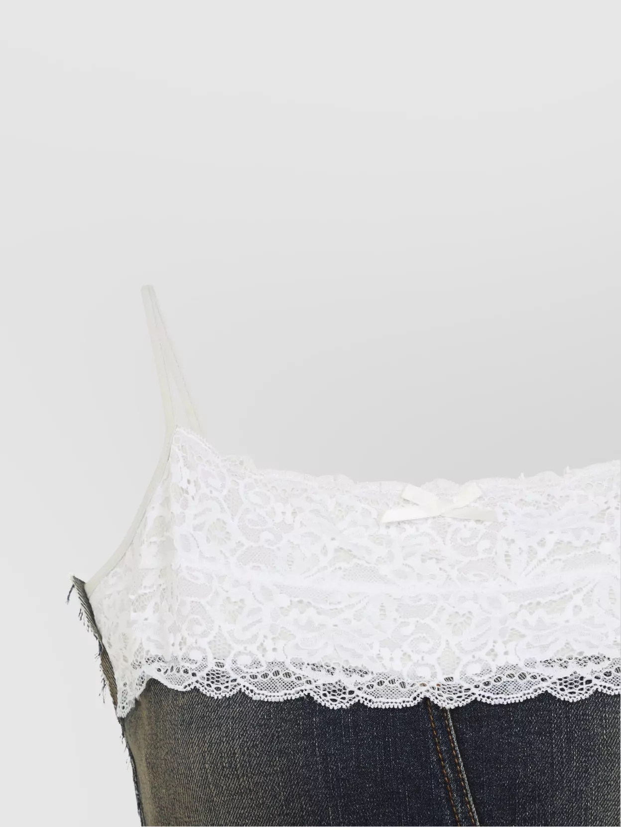 Balenciaga Denim Top With Lace Trim And Rhinestone Embellishments In Black