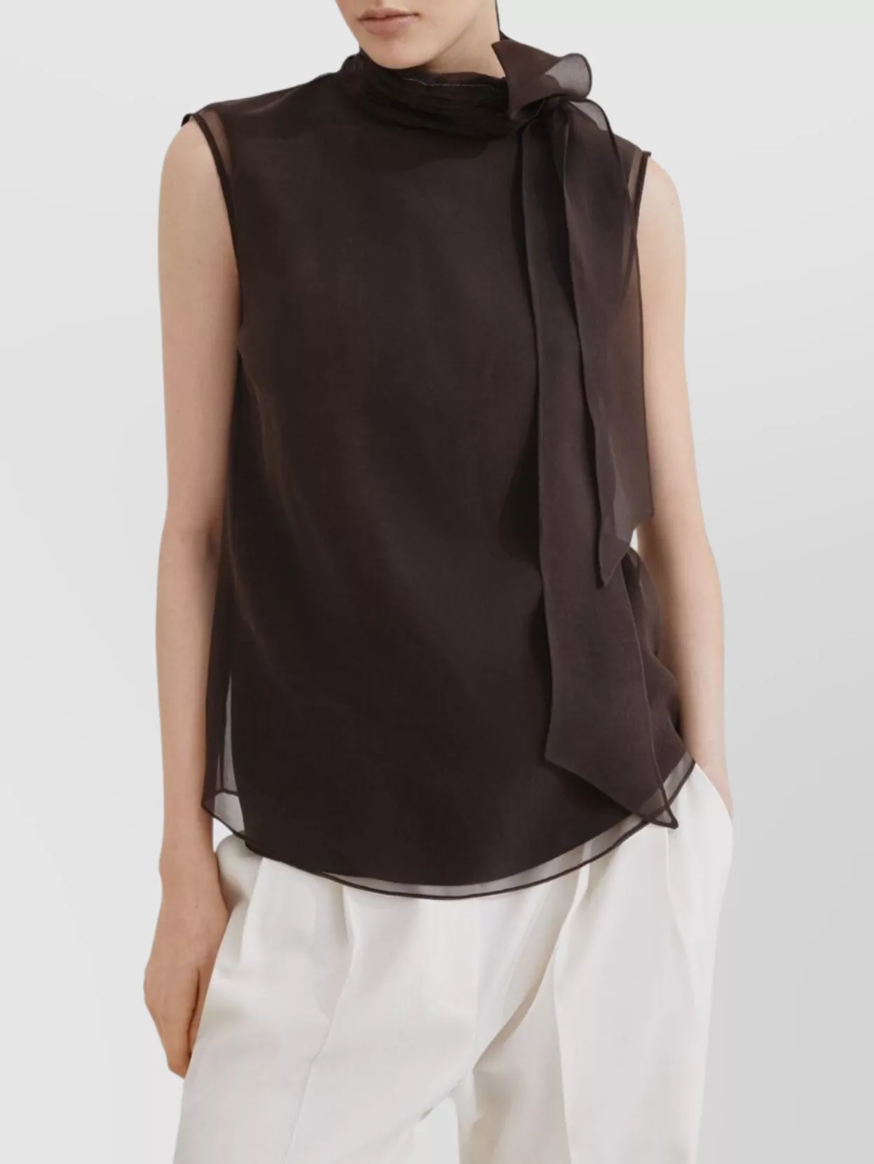 Brunello Cucinelli Pussybow Top With Monili In Brown