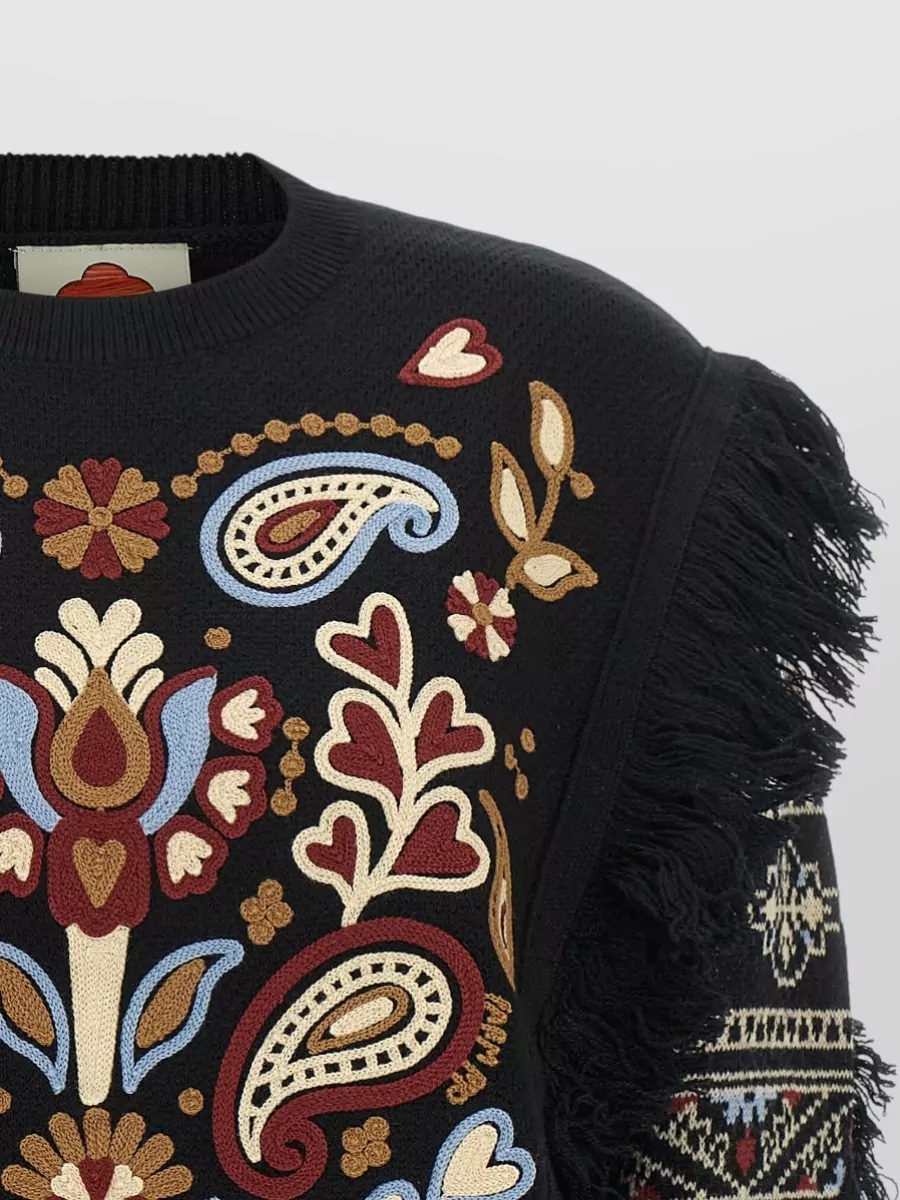 Farm Rio Wool Cropped Embroidered Sweater