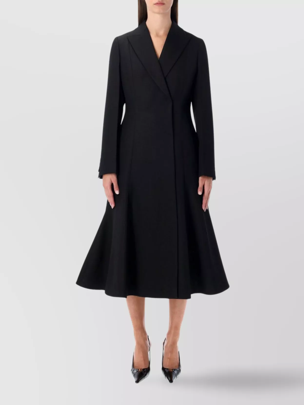 Fendi Black Grain De Poudre Wool Midi Coat With Peplum In Black
