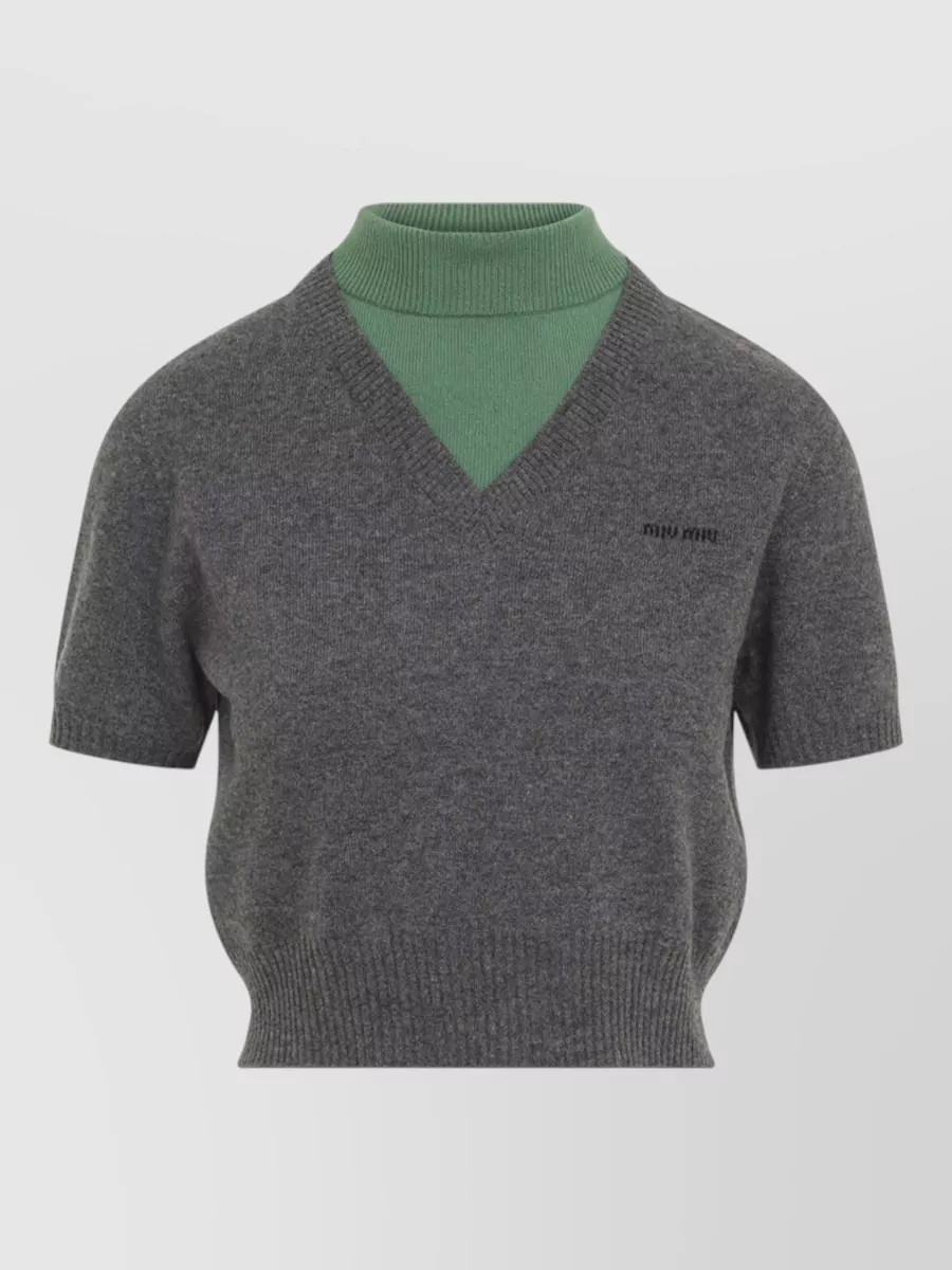 Miu Miu Cashmere ribbed layered v-neck short-sleeve turtleneck sweater
