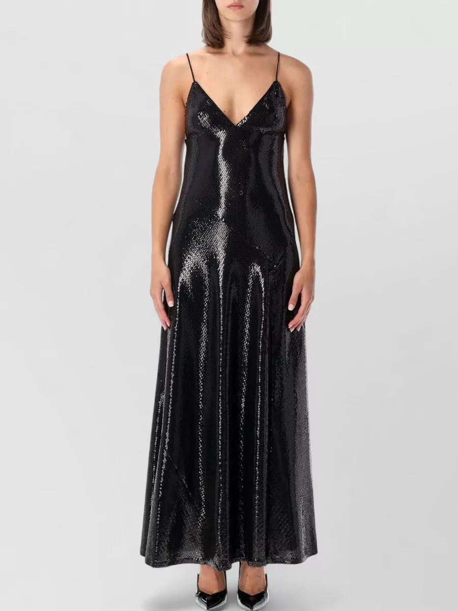 Alberta Ferretti Sequin v-neck sleeveless maxi dress — The Alberta Ferretti sequin slip maxi mirrors the Armani jacket’s romantic shimmer and black palette while giving a long, clean evening column that lets the sheer puff sleeves read like jewelry.