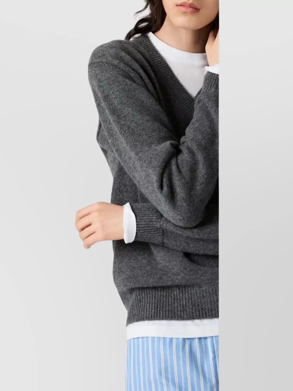 Miu Miu Cashmere V-neck Sweater With Jersey Inserts In Gray