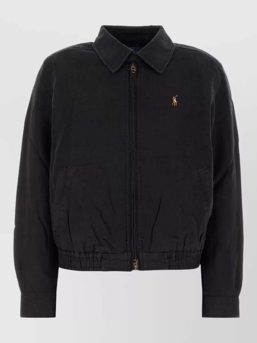 Polo Ralph Lauren Linen Bomber Jacket Collared Elasticated Hem In Black