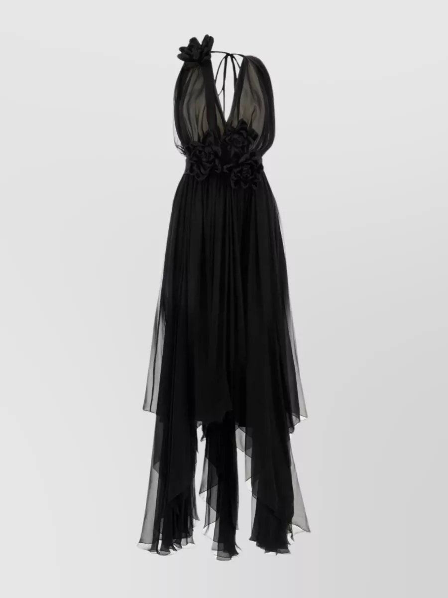 Shop Dolce & Gabbana Floral Appliqué Chiffon Dress With Asymmetric Hem In Black