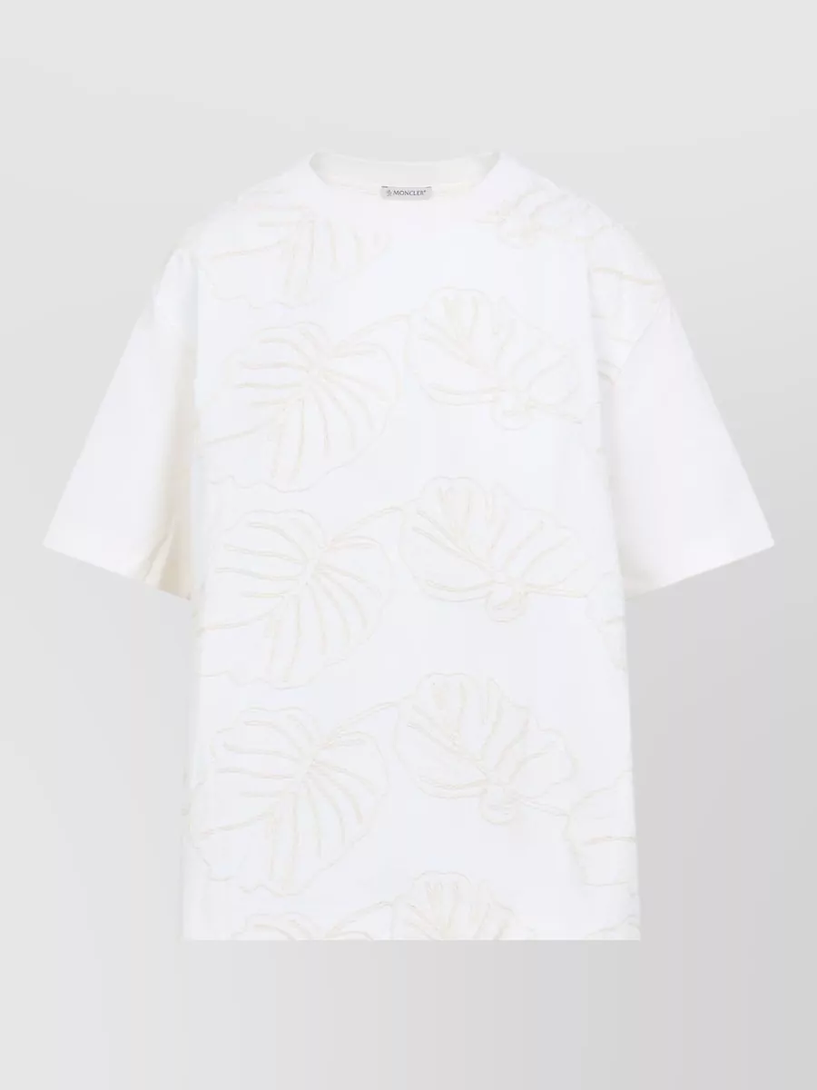 Moncler Cotton Floral‑Embroidered Short-Sleeve T-Shirt