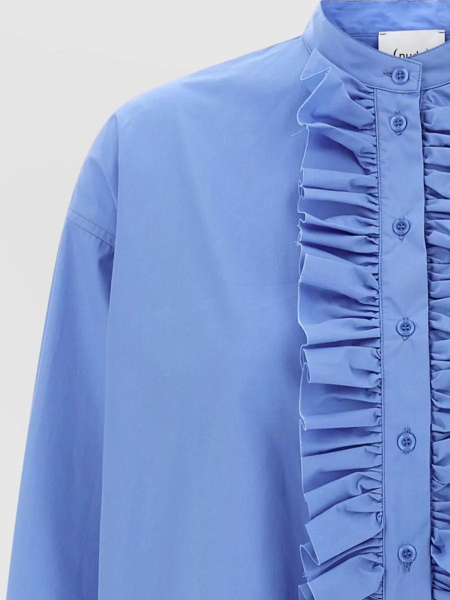 Nude Cotton Ruffled Mandarin Collar Long-Sleeve Shirt