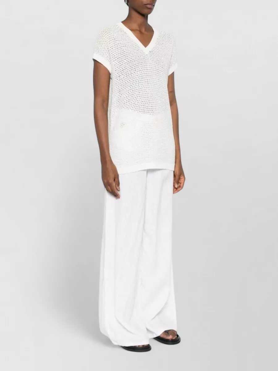 Fabiana Filippi Openwork V-Neck Short-Sleeve Sequin-Embellished Top
