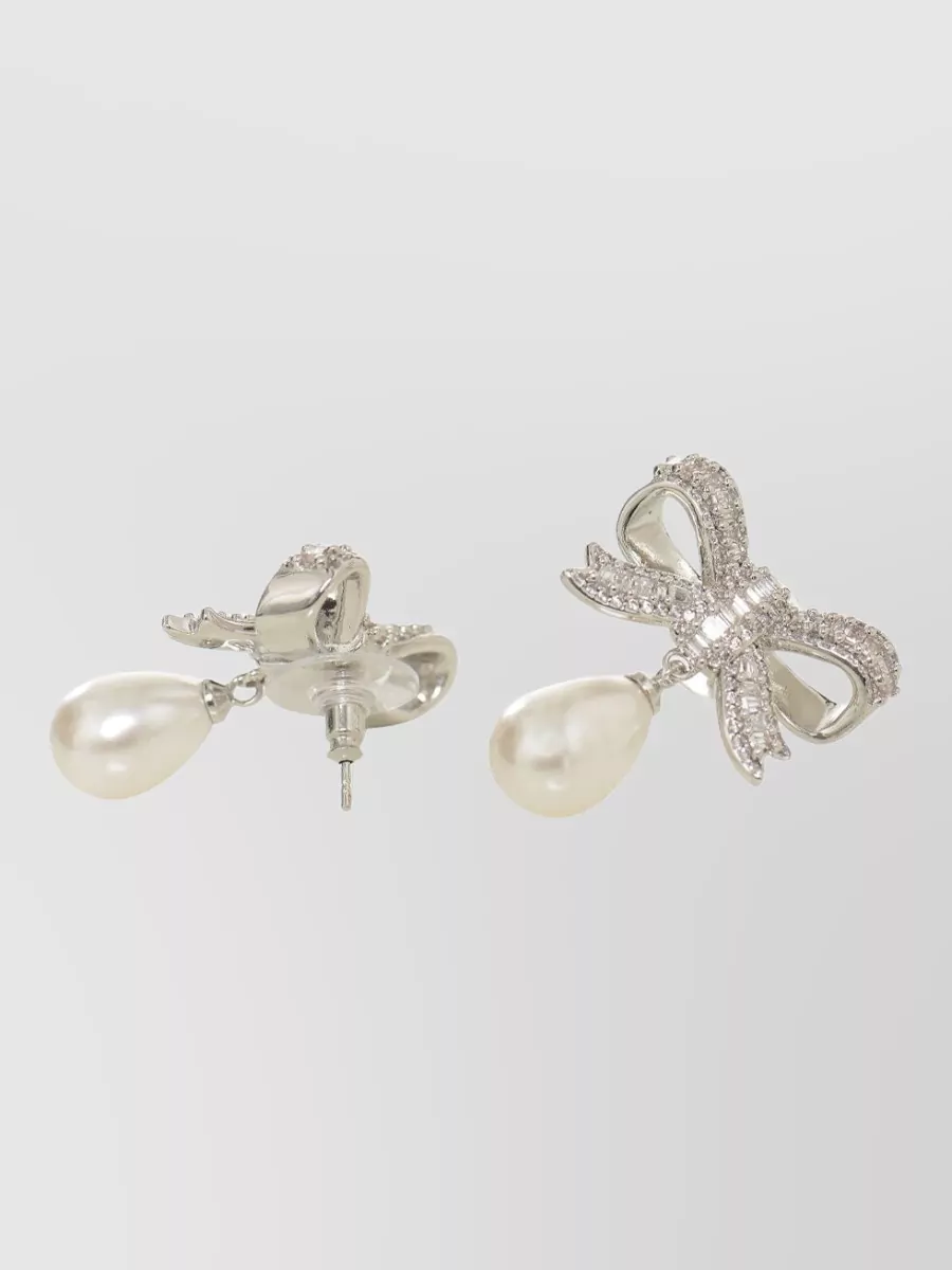 Self-Portrait Crystal Bow Pearl Drop Earrings