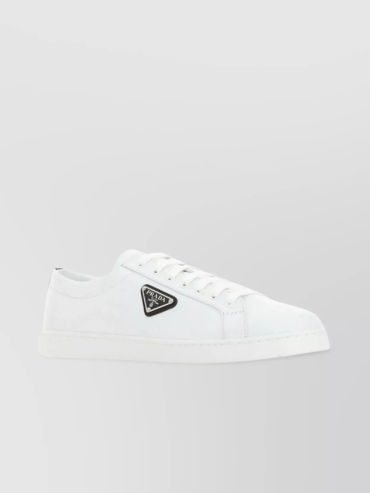Shop Prada Leather Sneakers With Metal Logo Triangle