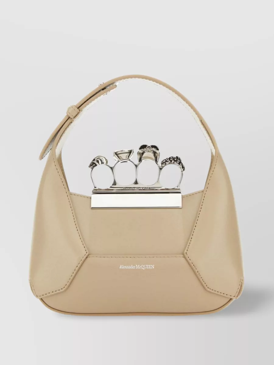Shop Alexander Mcqueen Sand Leather Mini Jewelled Hobo Handbag" -> "gems Jewelled Shoulder Bag In Cream