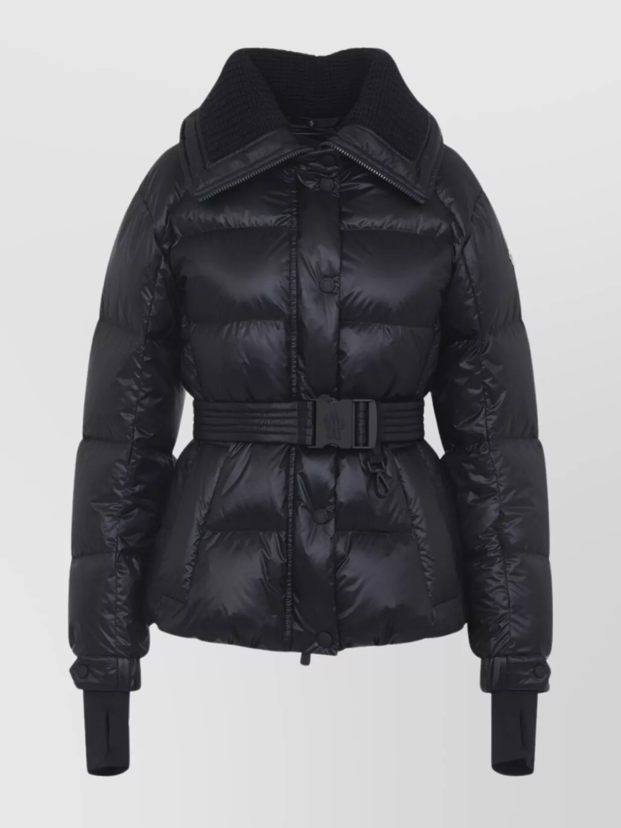 Moncler Puffer Jacket With Belted Waist And High Collar In Blue