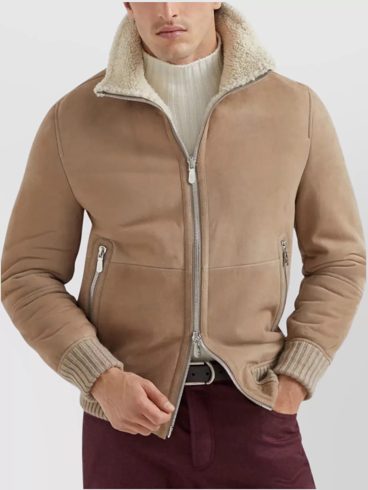 Brunello Cucinelli Bomber Jacket With Shearling Collar And Ribbed Finish In Pink