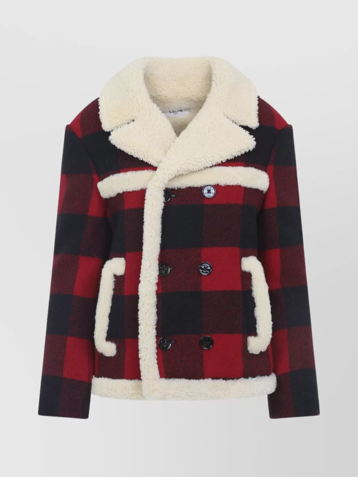 Celine Double-Breasted Shearling Collar Check Jacket