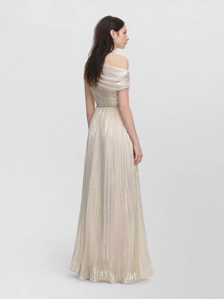 Self-Portrait Silk Metallic Draped Asymmetric One-Shoulder Gown