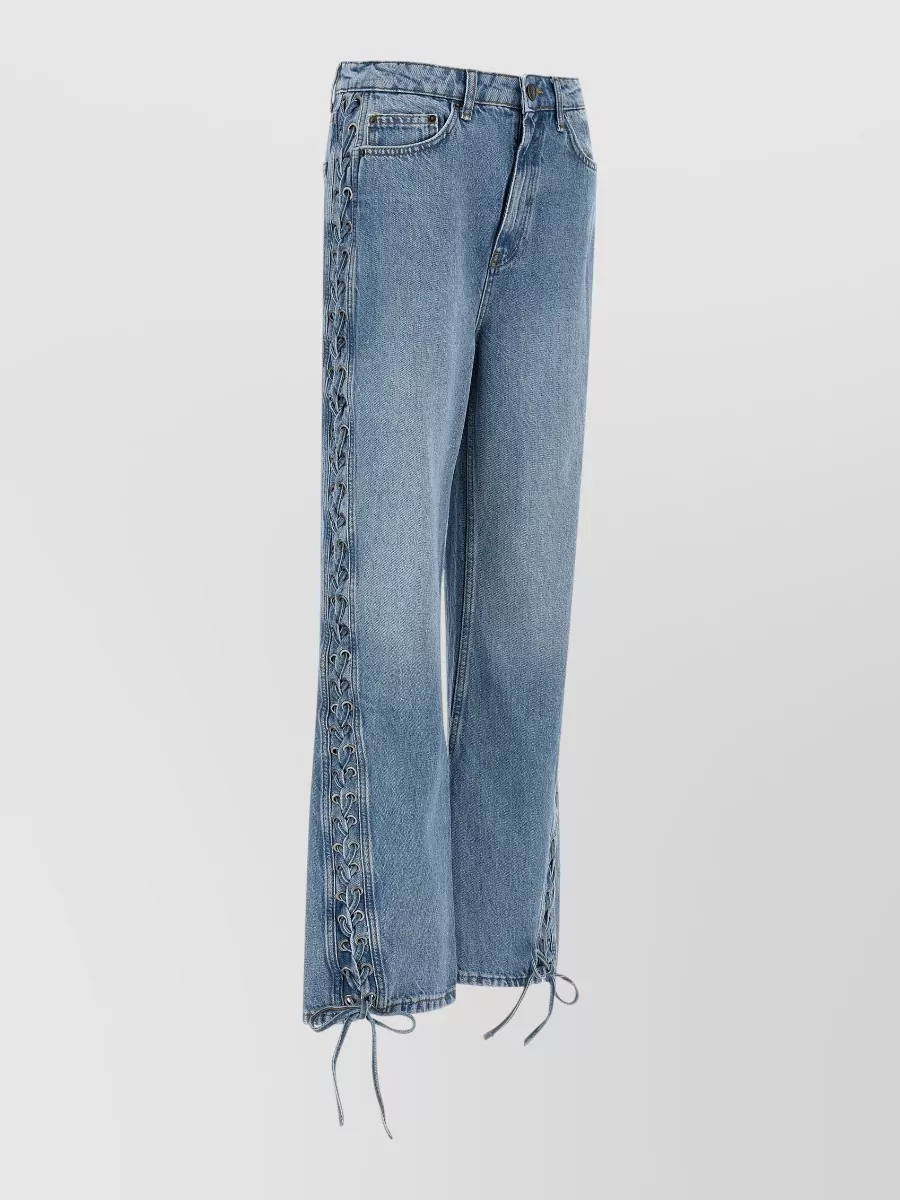 Rotate Birger Christensen Lace Up Detail Straight Leg Denim Trousers In Blue