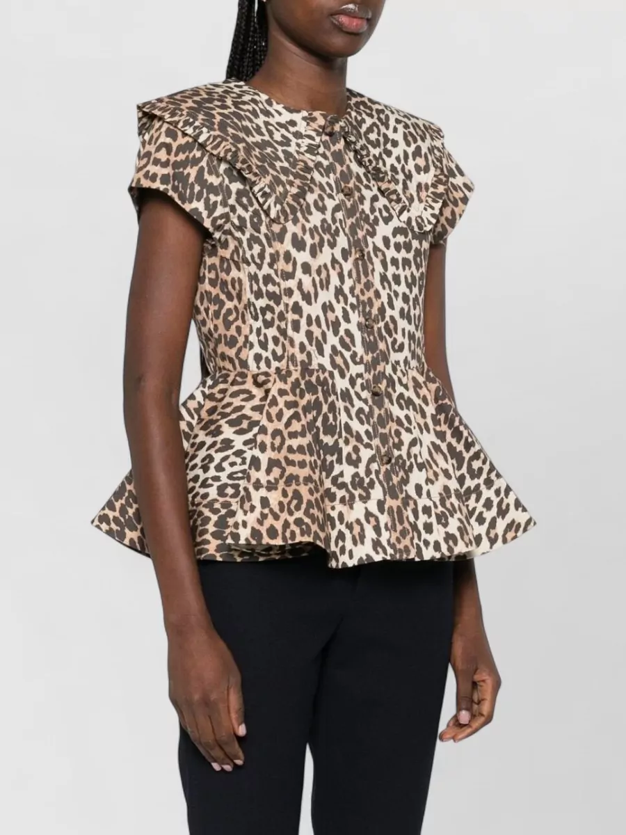 Ganni Organic Cotton Shirt Animal Print Peplum