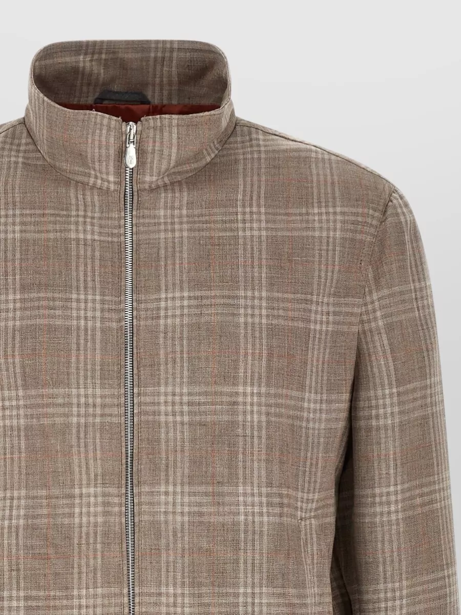 Brunello Cucinelli Wool Silk Linen Tartan Zip Jacket