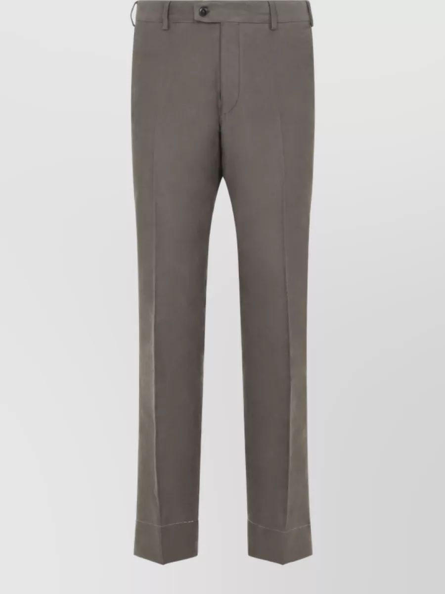 Brioni Cotton straight tapered tailored trousers — The Brioni taupe tailored trouser in A keeps the outfit in the same quiet luxury register as the shirt, and its warm taupe harmonises elegantly with the pale blue and charcoal check for smart city dressing.