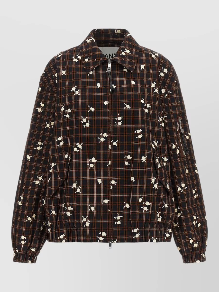 Ganni Floral-Embroidered Checked Bomber Jacket