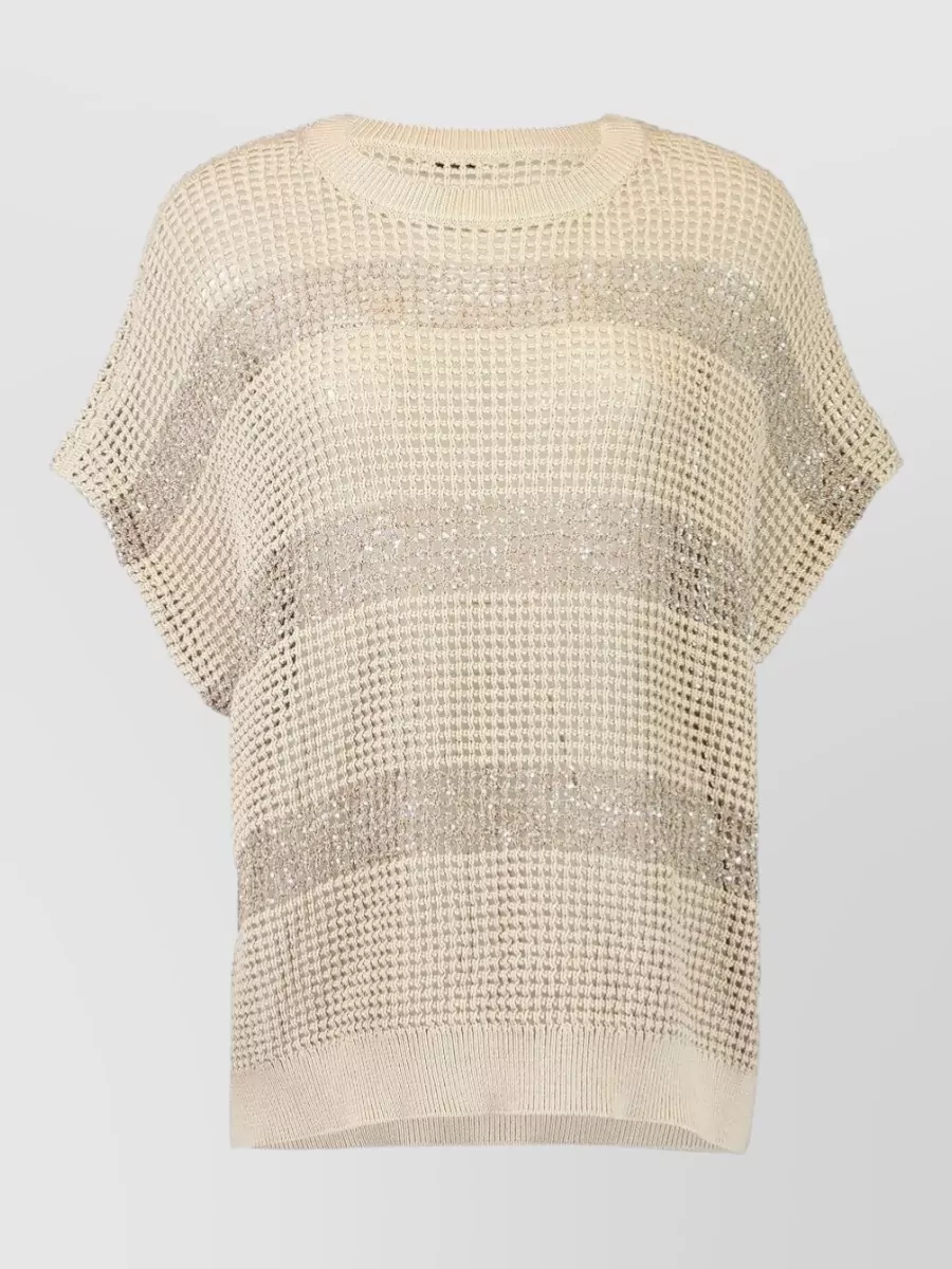 Brunello Cucinelli Striped Open-Knit Short-Sleeve Cotton Sweater