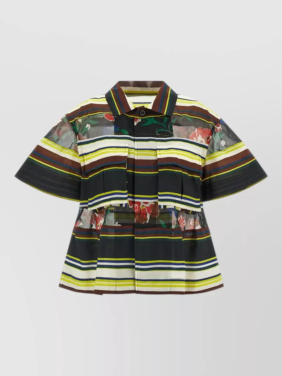 Sacai striped floral-print short-sleeve blouse