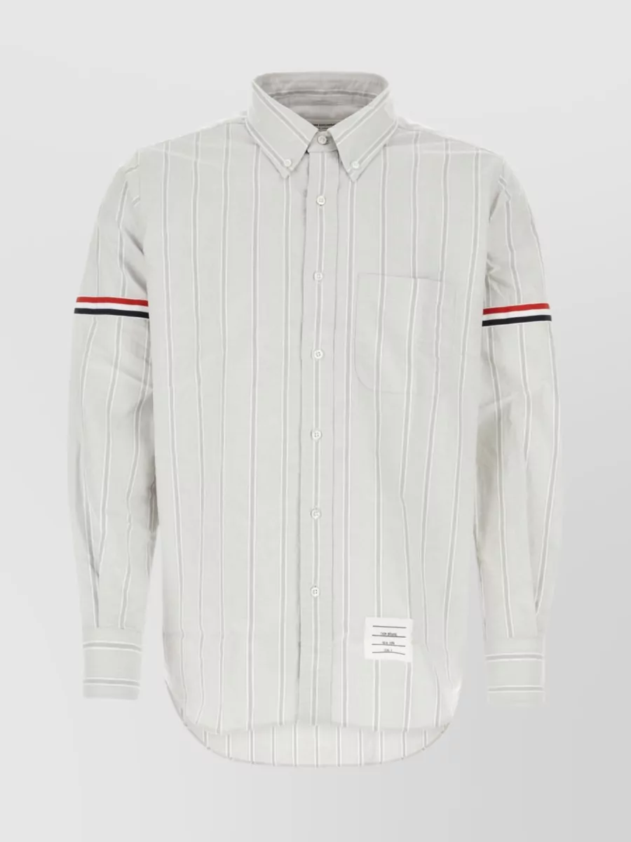 Shop Thom Browne Striped Embroidered Cotton Shirt In Grey