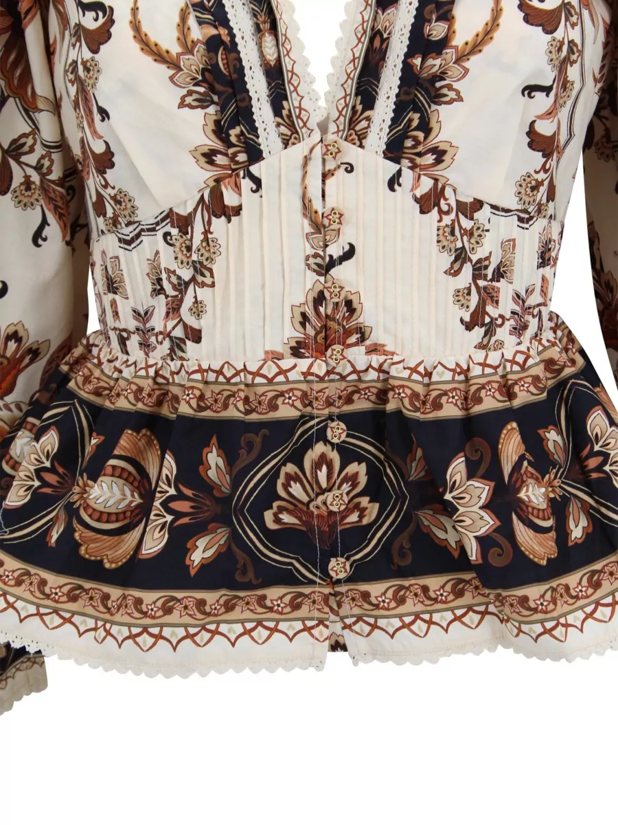Farm Rio Floral Lace-Trim V-Neck Blouse