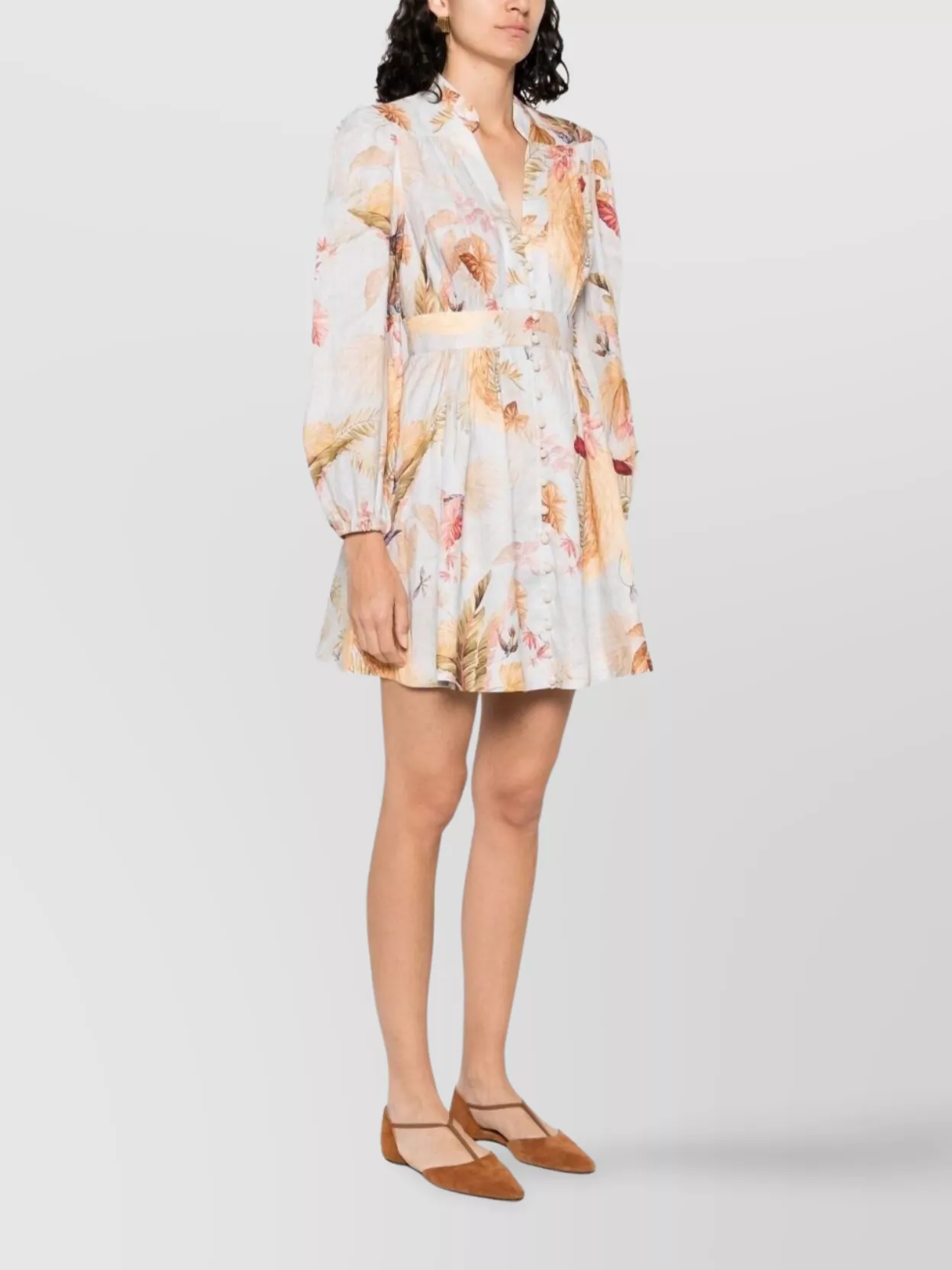 Zimmermann Linen Ascension Printed V-Neck Long-Sleeve Mini Dress
