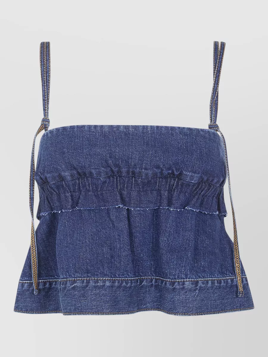 Sacai Denim Pullover Top Adjustable Straps Ruffles