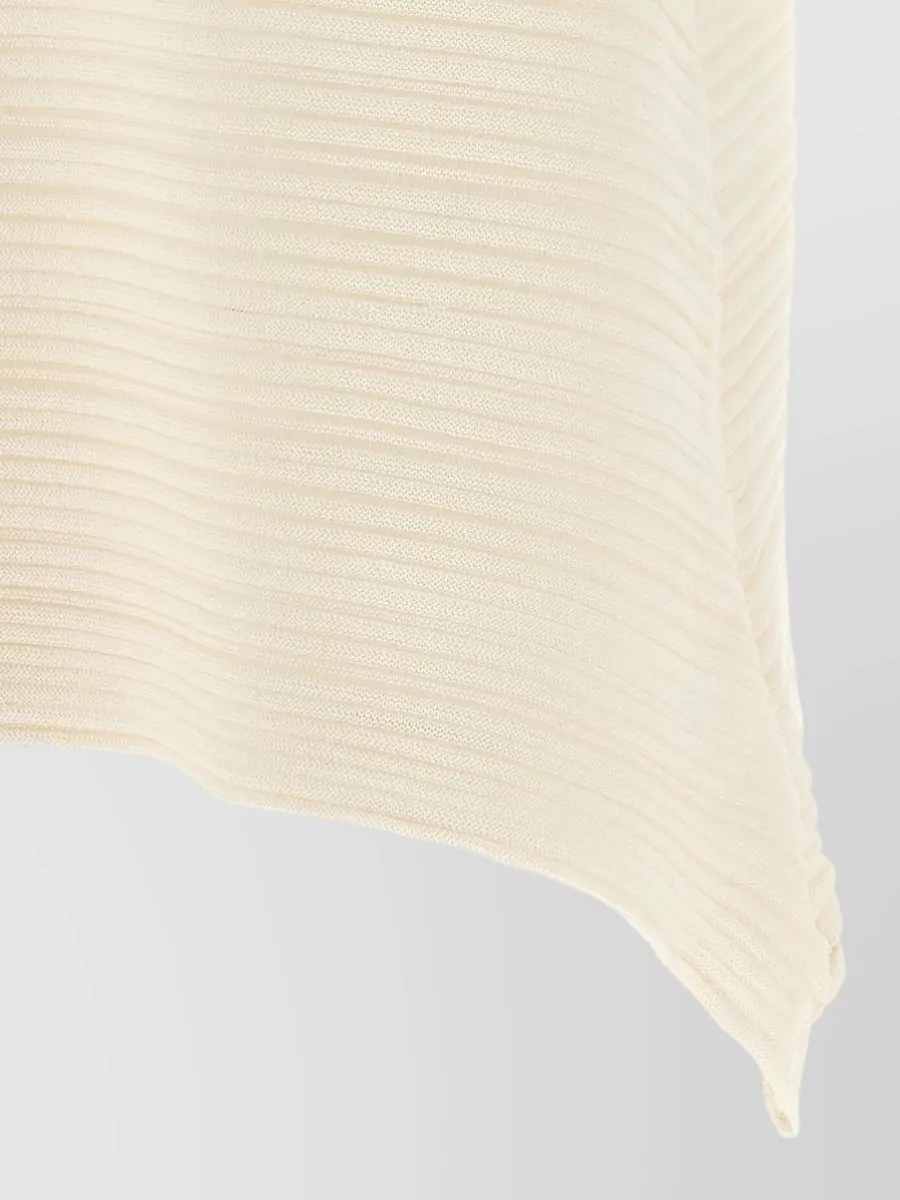 Pleats Please Issey Miyake Ribbed Boat Neck Short Sleeve Asymmetric Hem Knitted Top