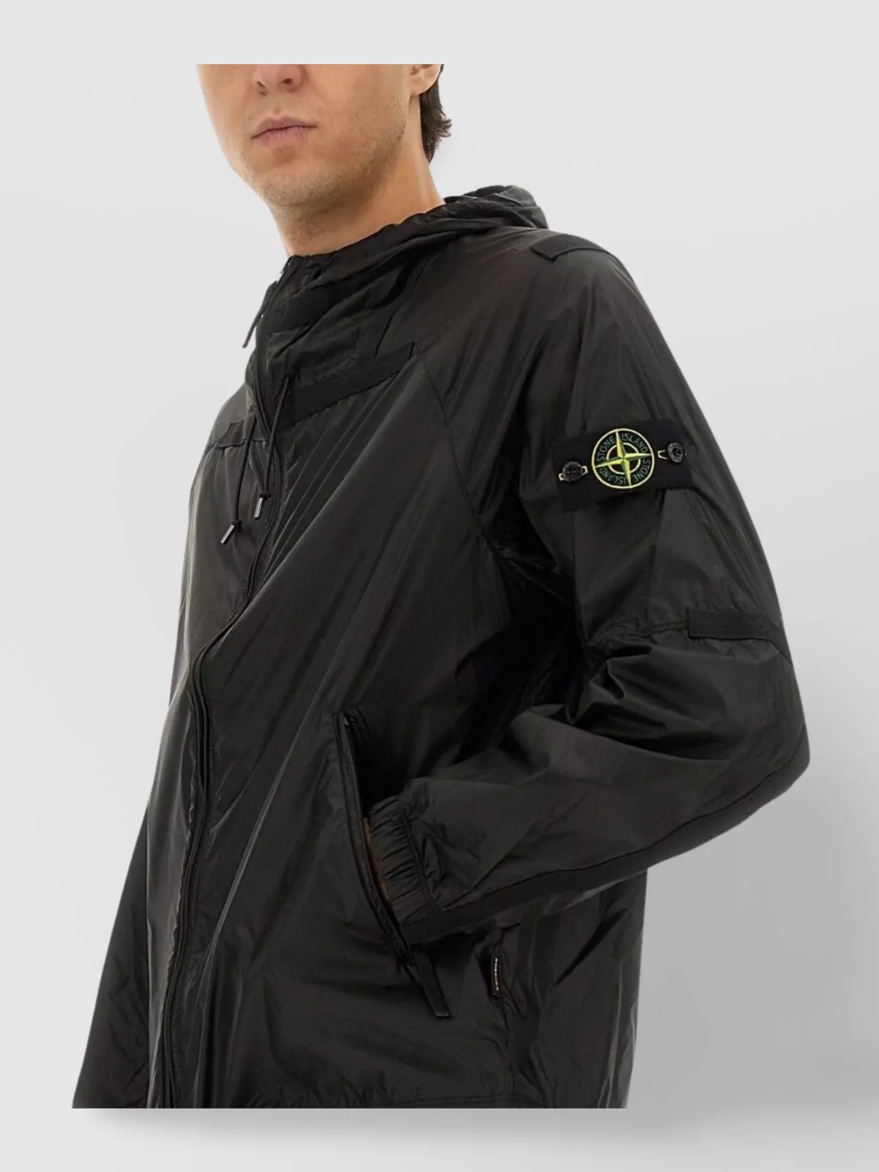 Stone Island Hooded Jacket With Elasticated Cuffs And Side Pockets In Black