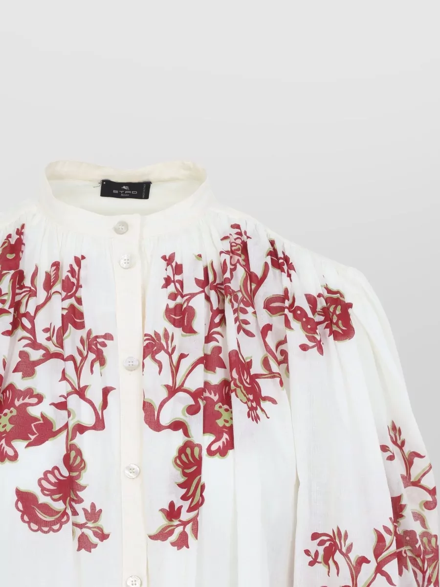 Etro Pleated Shirt Long Sleeves Band Collar Floral
