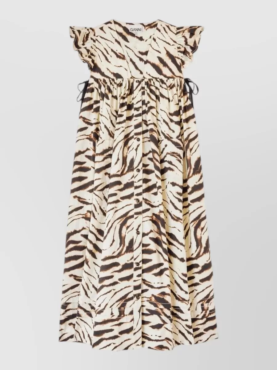 Ganni organic cotton tiger-print v-neck ruffled cap-sleeve button-front side-tie flared maxi dress