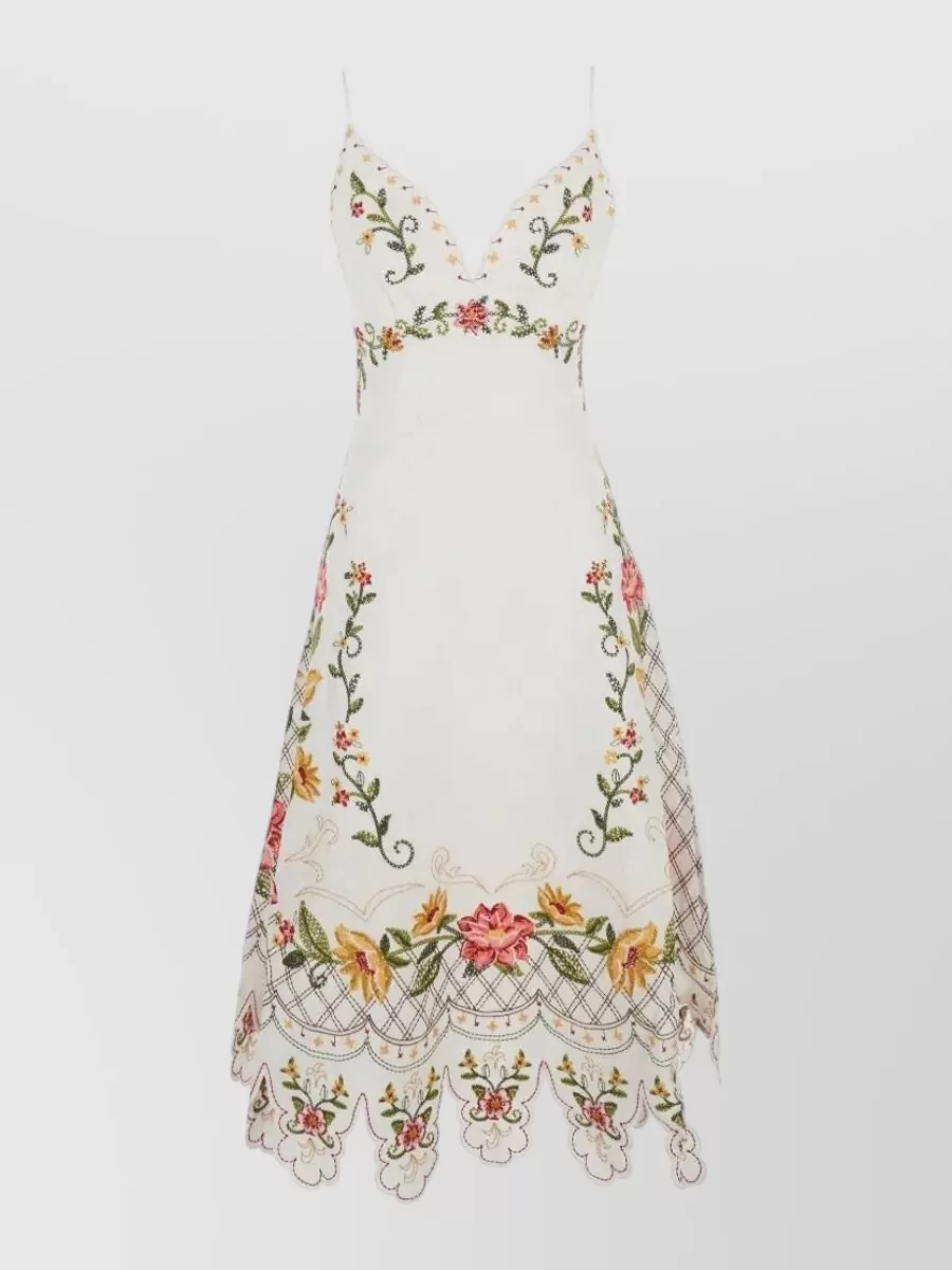 Farm Rio linen embroidered asymmetric-hem sleeveless midi dress